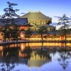 Todai-ji la apus oferă o priveliște uimitoare: lumina aurie evidențiază măreția templului, creând o atmosferă de pace și profundă spiritualitate în Nara.
