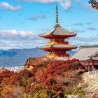 Toamna, pagoda templului Kiyomizu-dera din Kyoto oferă un peisaj fermecător: printre arțarii în nuanțe calde și cerul senin, se conturează o atmosferă magică și profund japoneză.