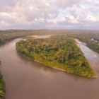 Vedere aeriană a unei insule în formă de inimă pe râul Napo, în Amazonul ecuadorian, la răsărit. Lumina dimineții timpurii luminează vârfurile copacilor.
