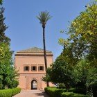 Plimbându-te printre măslini și grădinile Menara din Marrakech, pavilionul istoric se ridică printre verdeață, cu Munții Atlas pe fundal.