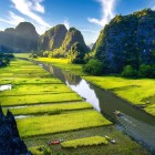 Plantațiile de orez de la Tam Cốc – Bích Động se întind printre râuri și munți carstici, creând un peisaj emblematic al Vietnamului rural.
