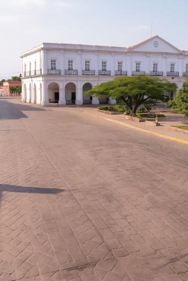Palatul municipal alb din Tehuantepec domină piața centrală cu porticurile sale elegante, fiind înconjurat de străzi coloniale, arbori umbriți și atmosfera vibrantă a sudului Mexicului.
