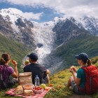 Pauză de trekking cu prânz la pachet la poalele ghețarului Shkhara. Printre iarbă și liniște, privirea se deschide spre vârfurile Caucazului, iar timpul curge lent.