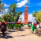 Trăsuri trase de cai traversează Medina din Marrakech în fața minaretului Moscheii Koutoubia, la câțiva pași de Jemaa el-Fnaa.