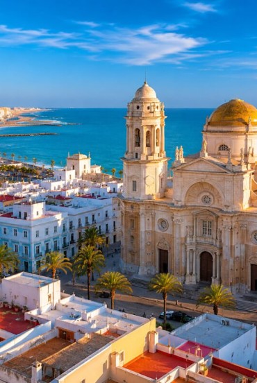 Catedrala Santa Cruz pe Mare domină centrul istoric din Cádiz prin cupola sa aurie, privind spre Atlantic printre case albe și piețe încărcate de istorie.