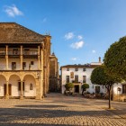 Biserica Colegiată din Ronda domină liniștita Plaza de la Duquesa de Parcent, înconjurată de arcade, copaci și piatră luminoasă, în inima autentică a Andaluziei.