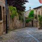O stradă pietruită traversează centrul istoric din Trujillo, mărginită de case vechi din piatră, ziduri neregulate și portaluri care păstrează structura urbană medievală a Extremadurei.