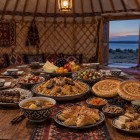 Într-o iurtă din Aydarkul, cina celebrează aromele uzbece prin plov, shashlik, shurpa, samsa, pâine non, salate, fructe și dulciuri orientale, însoțite de ceai verde.