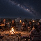 La Aydarkul, călătorii se adună în jurul focului, însoțiți de cântecele akynilor, în timp ce stelele și Calea Lactee strălucesc deasupra iurtelor.