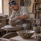 În Gijduvan, un maestru ceramist modelează lutul la roată, înconjurat de vase și boluri pictate manual: o întâlnire autentică cu arta uzbecă de-a lungul Drumului Mătăsii.