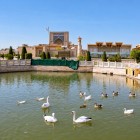 În complexul Al Gijduvani, lacul cu lebede și rațe însoțește vizitatorii printre grădini îngrijite, porticuri și arhitectura sacră din Gijduvan, lângă Bukhara, Uzbekistan.