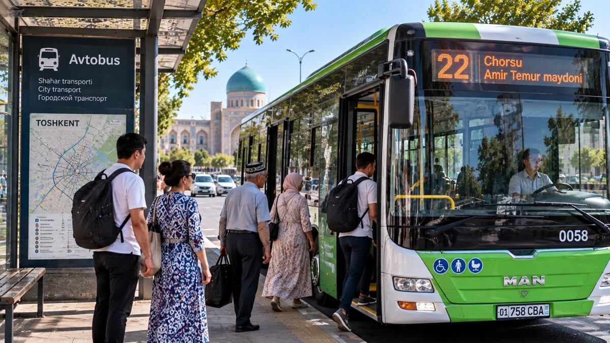 Pasageri &icirc;n stație &icirc;n timp ce urcă &icirc;ntr-un autobuz urban &icirc;n Tașkent